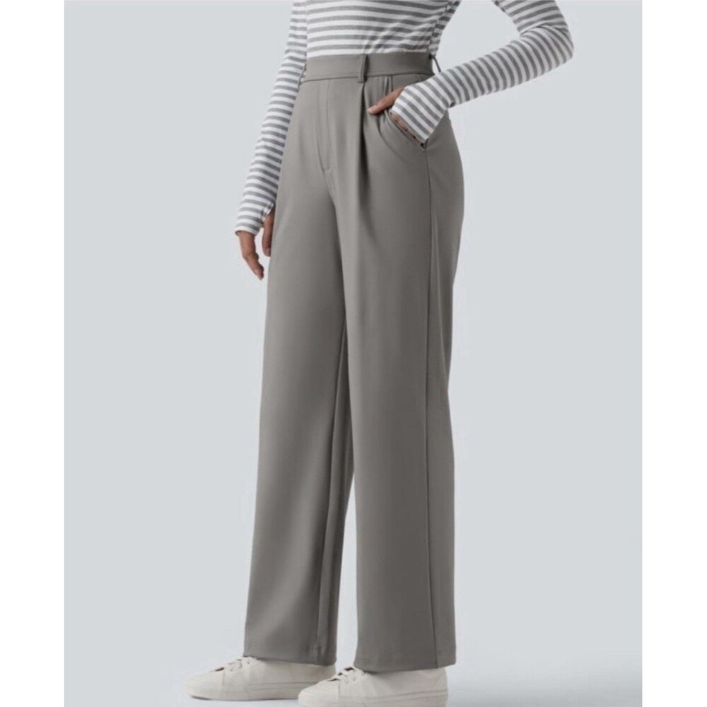 Halara Womens High Waisted Wide Leg Trouser Pants Gray Pleated Size Small NWOT